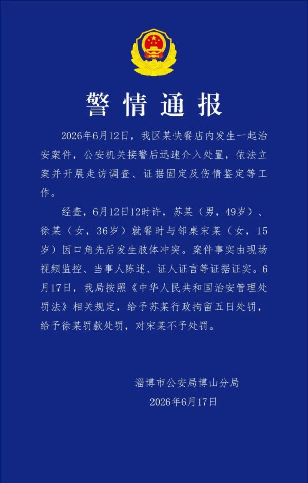 南方配资平台 山东淄博警方通报“一快餐店内就餐人员发生肢体冲突”：给予苏某行拘5日处罚、徐某罚款处罚